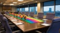 A long office meeting table with chairs and long rainbow flag on the top of a table, AI