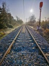 Long old train rails between bushes and trees at frosty morning Royalty Free Stock Photo