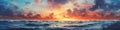 Long panorama vivid colorful sky after sunset over dark blue ocean, raging waves. Generative AI