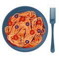 long pasta with sauce, tomatoes, olives, carrots, purple cabbage in blue ceramic plate