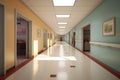 long perspective of a clean and bright hospital hallway