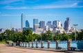 Long Perspective Dallas Texas downtown Metropolis Skyline Cityscape with Highrises and Office buildings on Nice Sunny Day