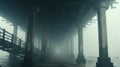 A long pier with a bridge in the fog. Generative AI image.