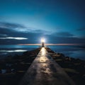 A long pier with a lighthouse at the end under a cloudy blue sky