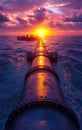 A long pipe is in the water with a sunset in the background Royalty Free Stock Photo