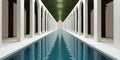 A long pool in a building with columns. Generative AI image.