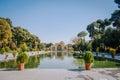 A long pool in front of the ancient Chehel Sotoun palace. Isfahan, Iran.