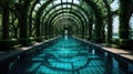 A long pool in a garden with trees. Generative AI image.