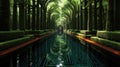 A long pool in a lush green forest filled with trees. AI.