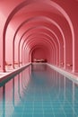 A long pool in a pink building with arches, AI