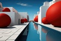 A long pool with red balls in the middle of it. Generative AI image.