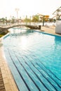 Long pool in water park. Having fun in aquapark. Summer vacation in tropics Royalty Free Stock Photo