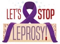 Purple Ribbon Protecting a Sign and Promoting to Stop Leprosy, Vector Illustration