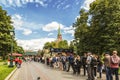 A long queue of tourists in the Alexander garden for tickets to visit the Moscow Kremlin. Moscow