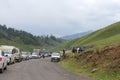 Long queue of vehicles parked to visit the Padri Pass during summer season