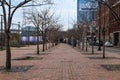 A long red brick sidewalk along the riverfront with rows of bare trees and tall red brick buildings and parked cars