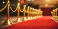 long red carpet between rope barriers background. Red carpet on stairs on dark background. path to glory, victory and success. Royalty Free Stock Photo