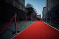 Long red carpet between rope barriers on entrance.