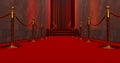 Long red carpet between rope barriers on entrance. Way to success on the red carpet. The path to glory. Stairway go up. Royalty Free Stock Photo