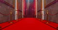 Long red carpet between rope barriers on entrance. Way to success on the red carpet. The path to glory. Stairway go up. Royalty Free Stock Photo