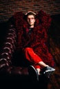 Long red fur coat