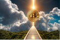 a long road forwarding toward sky leading to bitcoin, 3d symbolizing of bitcoin market in future