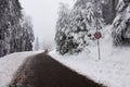 Road with speed limit traffic sign in winter