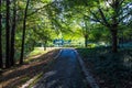 A long rough black footpath through the park covered with fallen autumn leaves surrounded by lush green trees, plants and grass