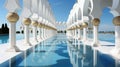 A long row of columns with a pool in front of them. Generative AI image. Royalty Free Stock Photo