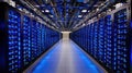 Long row of network servers in a data center with bright led indicators and cooling systems Royalty Free Stock Photo
