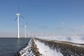 Row offshore windturbines along Ductch coast in winter with snow Royalty Free Stock Photo