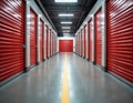 Long row of red self storage unit doors in clean indoor facility hallway. Yellow line on grey floor leads down empty space. Royalty Free Stock Photo