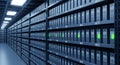 A long row of server racks in a modern data center with a dark blue industrial aesthetic and organized data storage containers Royalty Free Stock Photo