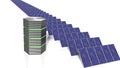 Long row of solar panels next to a green glowing supercomputer