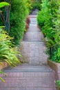 Long row of stairs with visible foliage and plants lining the side of entrance with red bricks down a suburban alley way Royalty Free Stock Photo