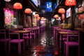 a long row of tables and chairs in an asian restaurant Royalty Free Stock Photo