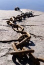 a long rusty chain on some rocks