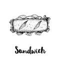 Long sandwich with ham, bacon, lettuce, tomato and cucumber slices. Top view. Hand drawn sketch style illustration of street or fa Royalty Free Stock Photo