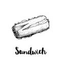 Long sandwich with ham, lettuce, tomato slices. Top view. Hand drawn sketch style illustration of street or fast food. Isolated on Royalty Free Stock Photo