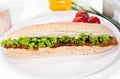 Long sandwich made from integral bred with tofu cheese and vegetable