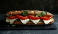 A long sandwich with tomatoes and basil on it Royalty Free Stock Photo