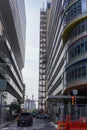 Long scaffolding on the side of a tall building in a city Royalty Free Stock Photo