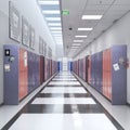 Long school corridor with blue and orange lockers