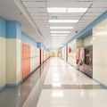 Long school corridor with white and orange lockers Royalty Free Stock Photo