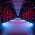 Long server room aisle illuminated by dramatic red and blue lights creating a futuristic data center environment Royalty Free Stock Photo