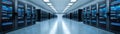 Long server room hallway with rows of network equipment racks and servers Royalty Free Stock Photo