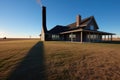 long shadow of a central chimney on a prairie house