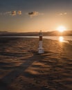 Long shadow of a lighthouse in a sand beach in a fantastic golden light