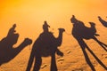 Long shadows of camel caravan, Erg Chebbi, Sahara desert, Merzouga, Morocco Royalty Free Stock Photo