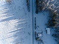 Long shadows and rural farm buildings in Sweden, shot with a drone from above Royalty Free Stock Photo